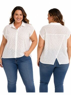 White Eyelet Lace Cotton Button‎ Down Blouse Plus Size Boho Top 3X